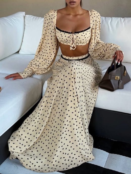 Polka Dot Lace Trim Crop Top & Maxi Skirt Two-Piece Dress Set - RALO COLLECTION STUDIO