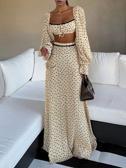Polka Dot Lace Trim Crop Top & Maxi Skirt Two-Piece Dress Set - RALO COLLECTION STUDIO