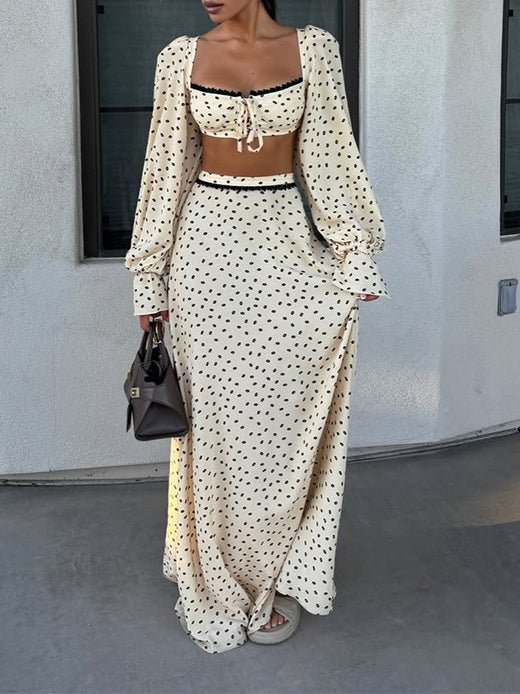 Polka Dot Lace Trim Crop Top & Maxi Skirt Two-Piece Dress Set - RALO COLLECTION STUDIO