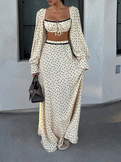 Polka Dot Lace Trim Crop Top & Maxi Skirt Two-Piece Dress Set - RALO COLLECTION STUDIO