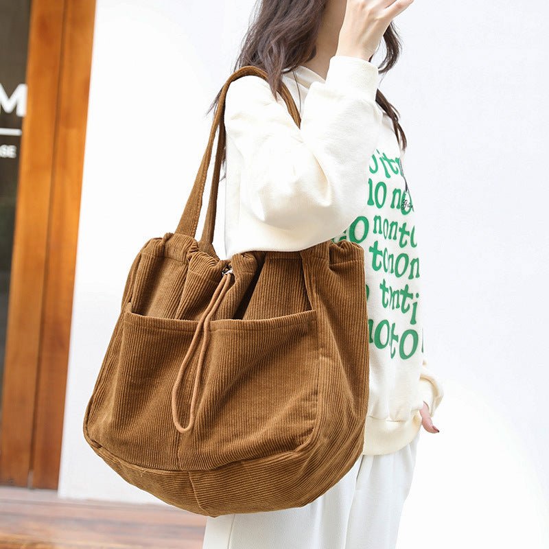 Ralo Corduroy Drawstring Multi-Pocket Shoulder Bag - RALO COLLECTION STUDIO