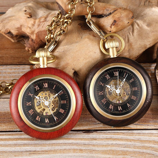 Red Copper Wood Roman Scale Retro Mechanical Pocket Watch - RALO COLLECTION STUDIO