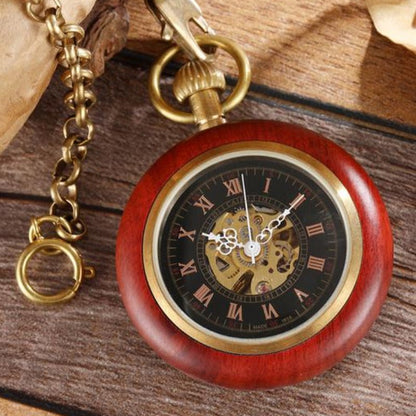 Red Copper Wood Roman Scale Retro Mechanical Pocket Watch - RALO COLLECTION STUDIO