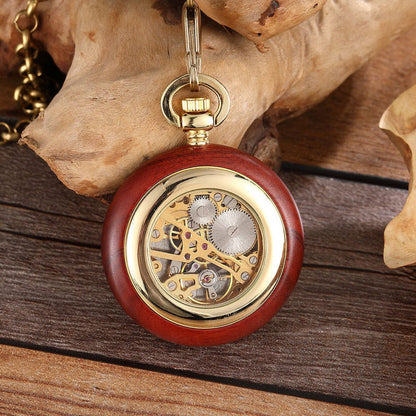 Red Copper Wood Roman Scale Retro Mechanical Pocket Watch - RALO COLLECTION STUDIO