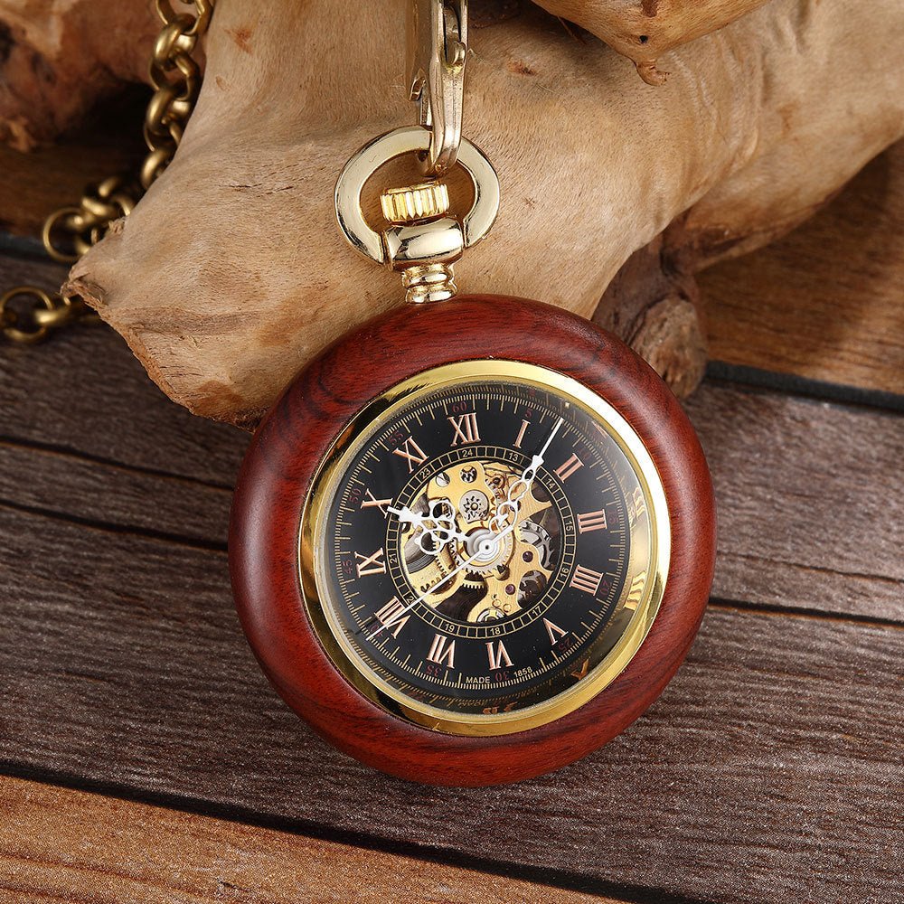 Red Copper Wood Roman Scale Retro Mechanical Pocket Watch - RALO COLLECTION STUDIO