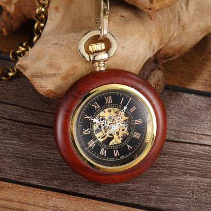 Red Copper Wood Roman Scale Retro Mechanical Pocket Watch - RALO COLLECTION STUDIO