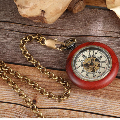 Red Copper Wood Roman Scale Retro Mechanical Pocket Watch - RALO COLLECTION STUDIO