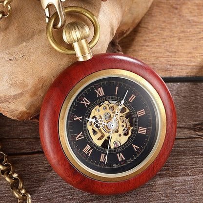 Red Copper Wood Roman Scale Retro Mechanical Pocket Watch - RALO COLLECTION STUDIO