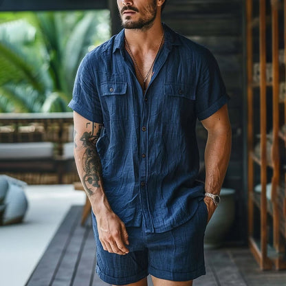 Relaxed-fit Linen Outdoor Casual Beach Multi-pocket Lapel Workwear Short-sleeve Shirt And Shorts Set - RALO COLLECTION STUDIO