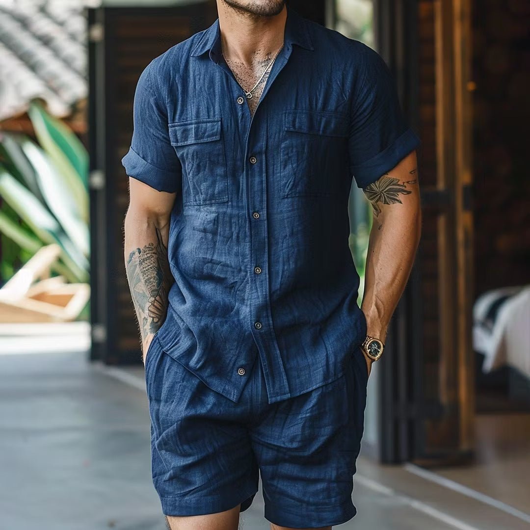 Relaxed-fit Linen Outdoor Casual Beach Multi-pocket Lapel Workwear Short-sleeve Shirt And Shorts Set - RALO COLLECTION STUDIO