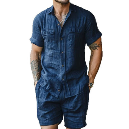 Relaxed-fit Linen Outdoor Casual Beach Multi-pocket Lapel Workwear Short-sleeve Shirt And Shorts Set - RALO COLLECTION STUDIO