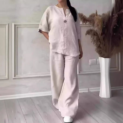 Relaxed-fit Top And Wide-leg Pants Casual Cotton-linen Set - RALO COLLECTION STUDIO