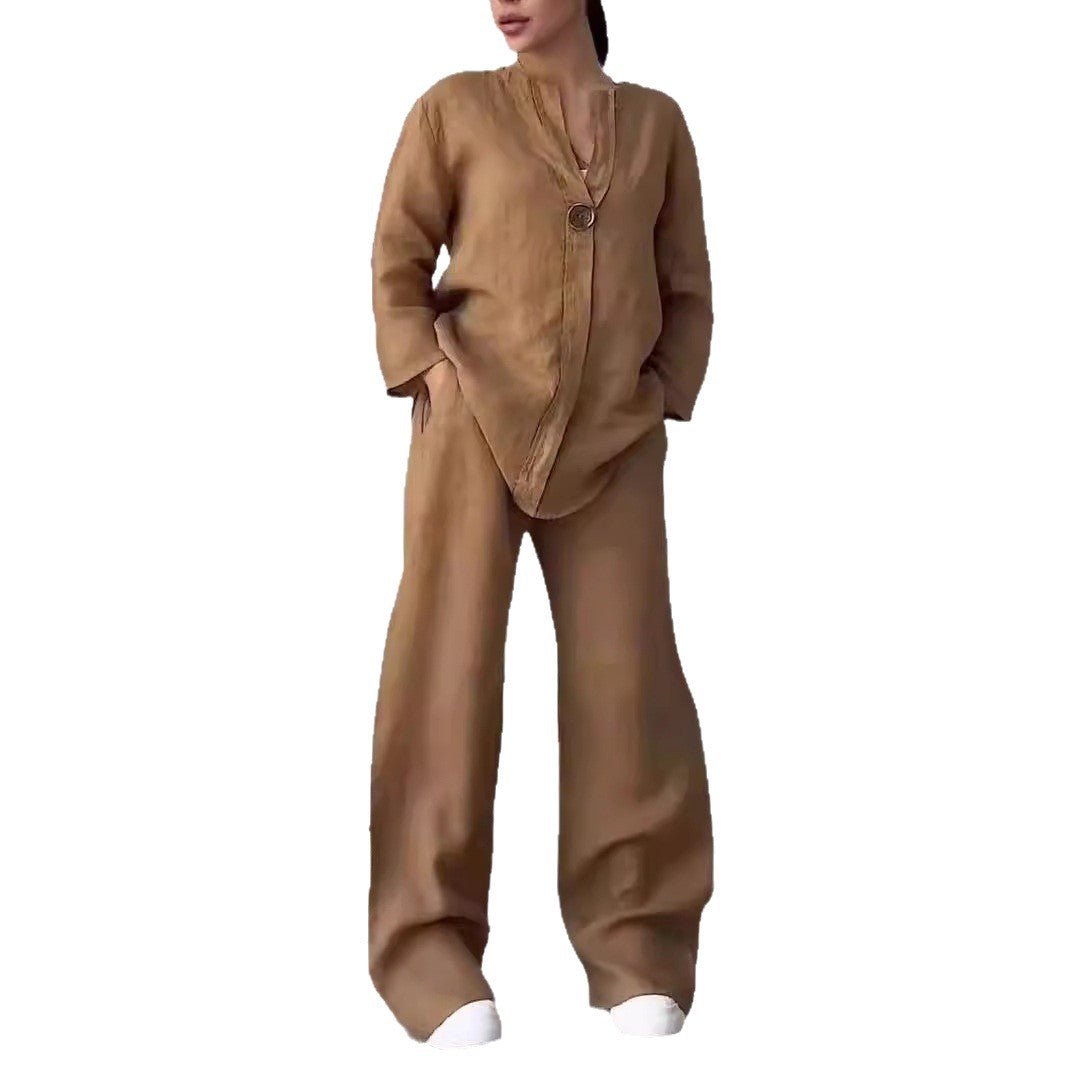 Relaxed-fit Top And Wide-leg Pants Casual Cotton-linen Set - RALO COLLECTION STUDIO