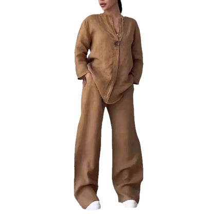 Relaxed-fit Top And Wide-leg Pants Casual Cotton-linen Set - RALO COLLECTION STUDIO