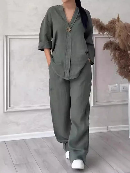 Relaxed-fit Top And Wide-leg Pants Casual Cotton-linen Set - RALO COLLECTION STUDIO