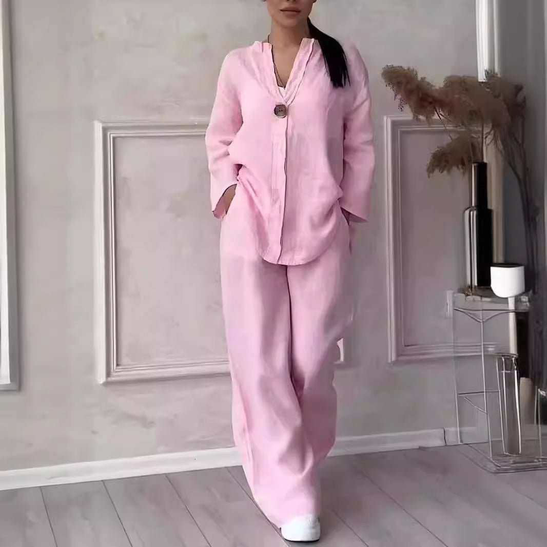 Relaxed-fit Top And Wide-leg Pants Casual Cotton-linen Set - RALO COLLECTION STUDIO