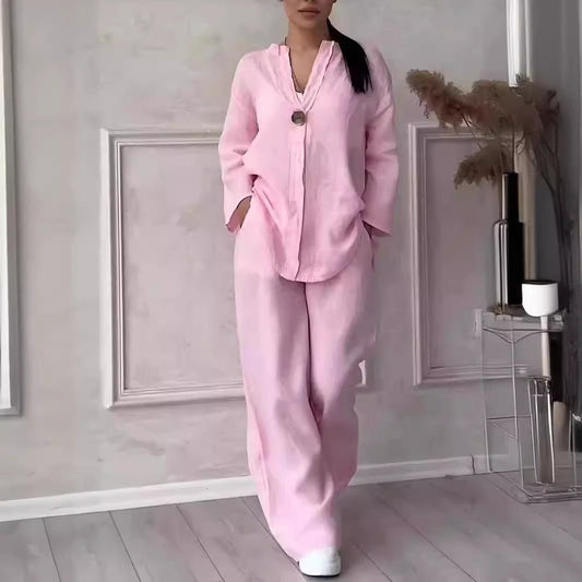 Relaxed-fit Top And Wide-leg Pants Casual Cotton-linen Set - RALO COLLECTION STUDIO