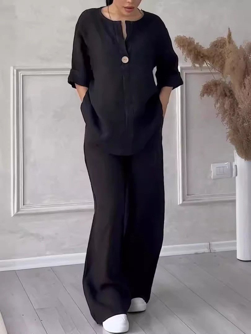 Relaxed-fit Top And Wide-leg Pants Casual Cotton-linen Set - RALO COLLECTION STUDIO