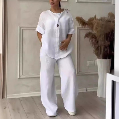 Relaxed-fit Top And Wide-leg Pants Casual Cotton-linen Set - RALO COLLECTION STUDIO