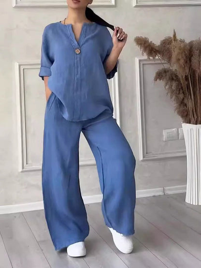 Relaxed-fit Top And Wide-leg Pants Casual Cotton-linen Set - RALO COLLECTION STUDIO