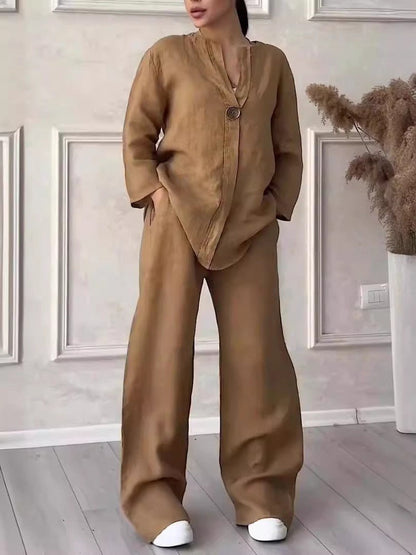 Relaxed-fit Top And Wide-leg Pants Casual Cotton-linen Set - RALO COLLECTION STUDIO