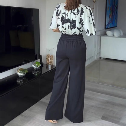 Retro Black Satin Floral-print Top With Flared Sleeves And Matching Skirt - RALO COLLECTION STUDIO