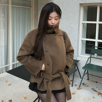 Retro-Chic Belted Wool Coat With Stand Collar Ralo Collection - RALO COLLECTION STUDIO