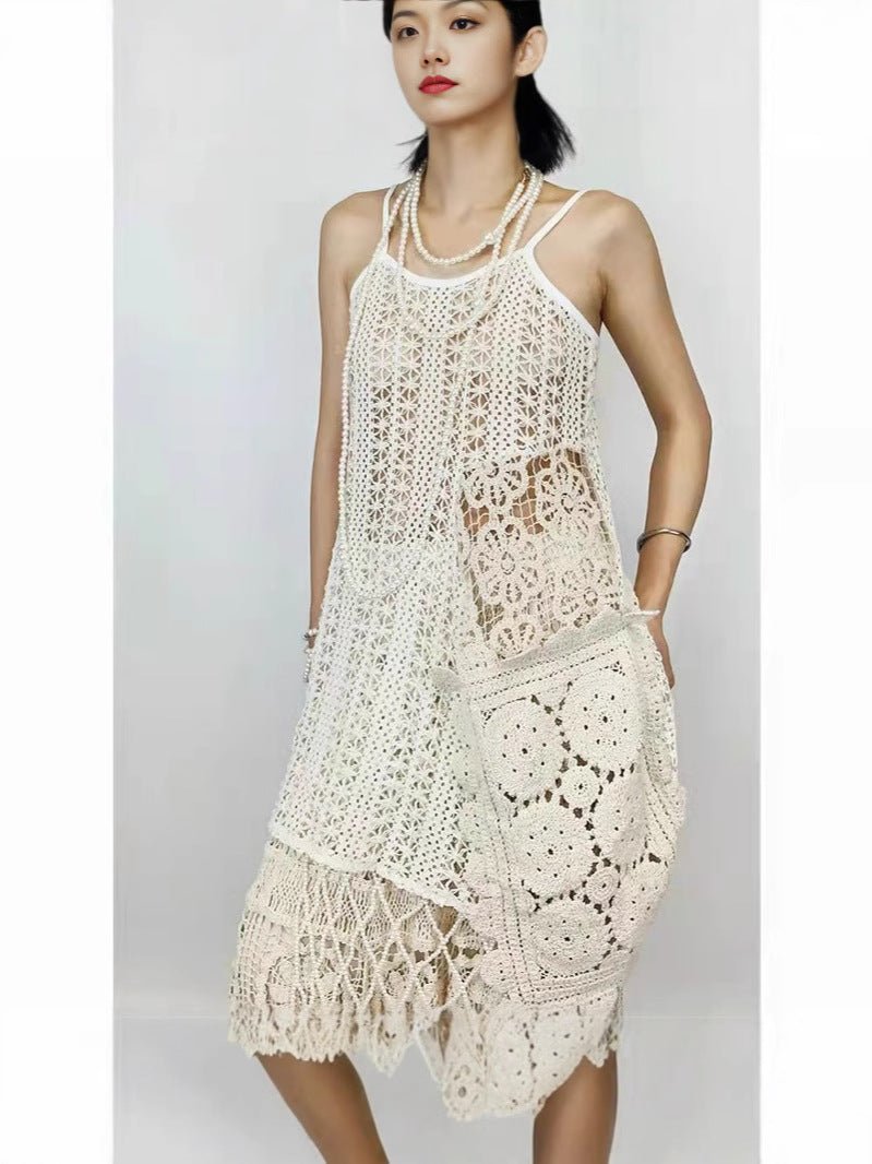 Retro French-style Crocheted Hollow-out Lace Strap Midi Skirt - RALO COLLECTION STUDIO
