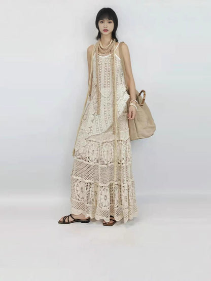 Retro French-style Crocheted Hollow-out Lace Strap Midi Skirt - RALO COLLECTION STUDIO
