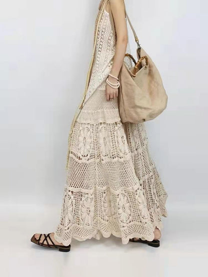 Retro French-style Crocheted Hollow-out Lace Strap Midi Skirt - RALO COLLECTION STUDIO