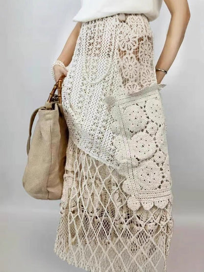 Retro French-style Crocheted Hollow-out Lace Strap Midi Skirt - RALO COLLECTION STUDIO