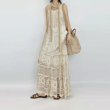 Retro French-style Crocheted Hollow-out Lace Strap Midi Skirt - RALO COLLECTION STUDIO