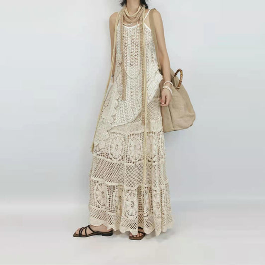 Retro French-style Crocheted Hollow-out Lace Strap Midi Skirt - RALO COLLECTION STUDIO
