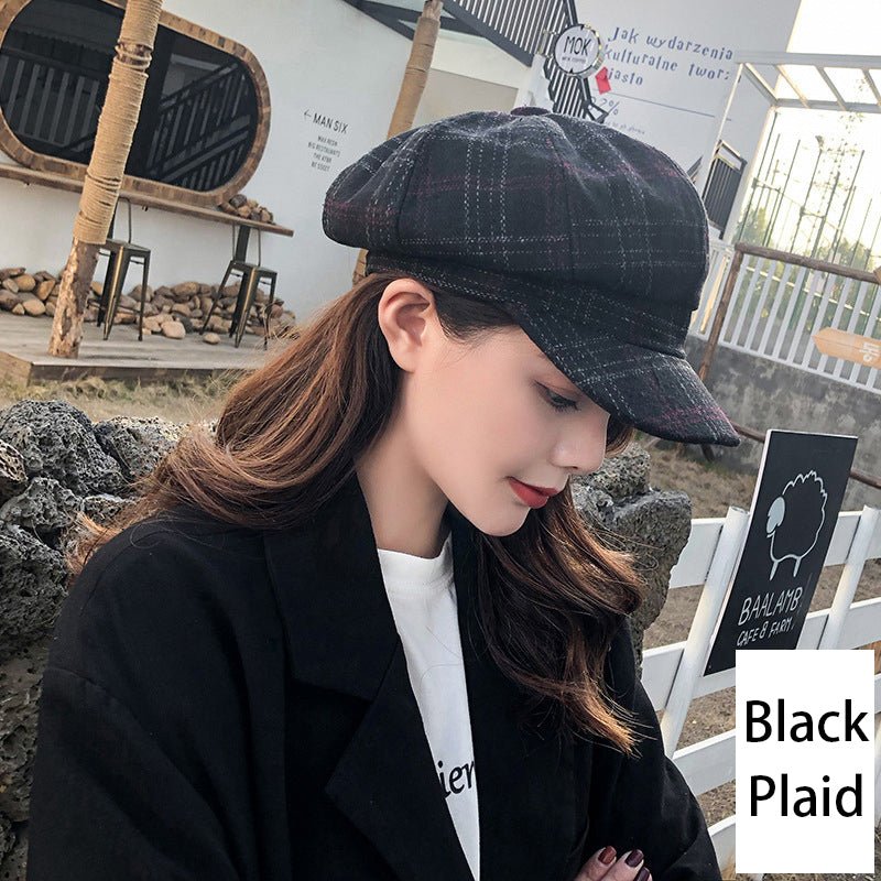 Retro Literary Octagonal Hat Plaid Beret - RALO COLLECTION STUDIO