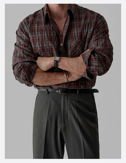Retro Plaid Pleated Long-Sleeved Shirt Men's Jacket Top - RALO COLLECTION STUDIO