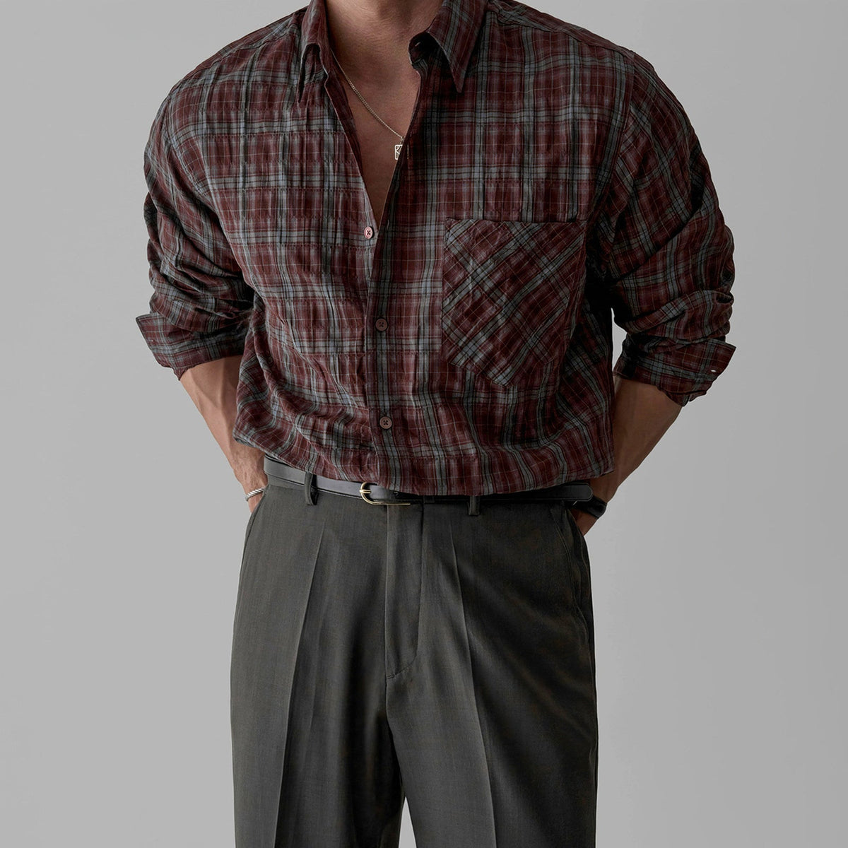 Retro Plaid Pleated Long-Sleeved Shirt Men's Jacket Top - RALO COLLECTION STUDIO