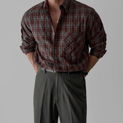 Retro Plaid Pleated Long-Sleeved Shirt Men's Jacket Top - RALO COLLECTION STUDIO