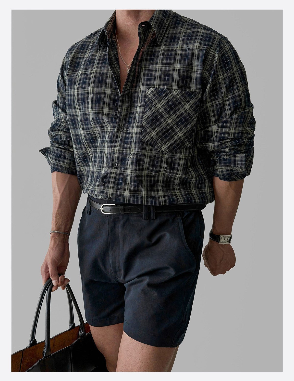 Retro Plaid Pleated Long-Sleeved Shirt Men's Jacket Top - RALO COLLECTION STUDIO