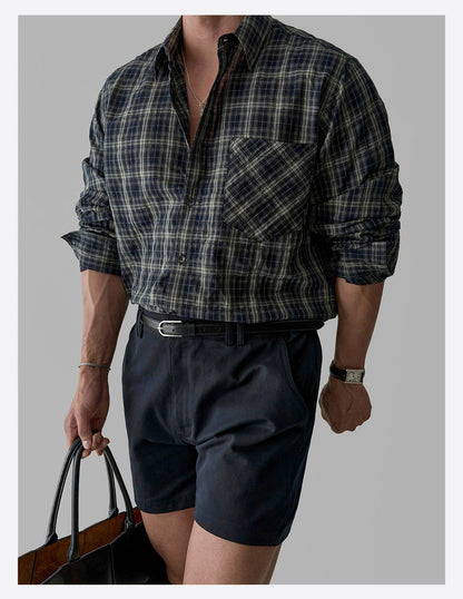 Retro Plaid Pleated Long-Sleeved Shirt Men's Jacket Top - RALO COLLECTION STUDIO