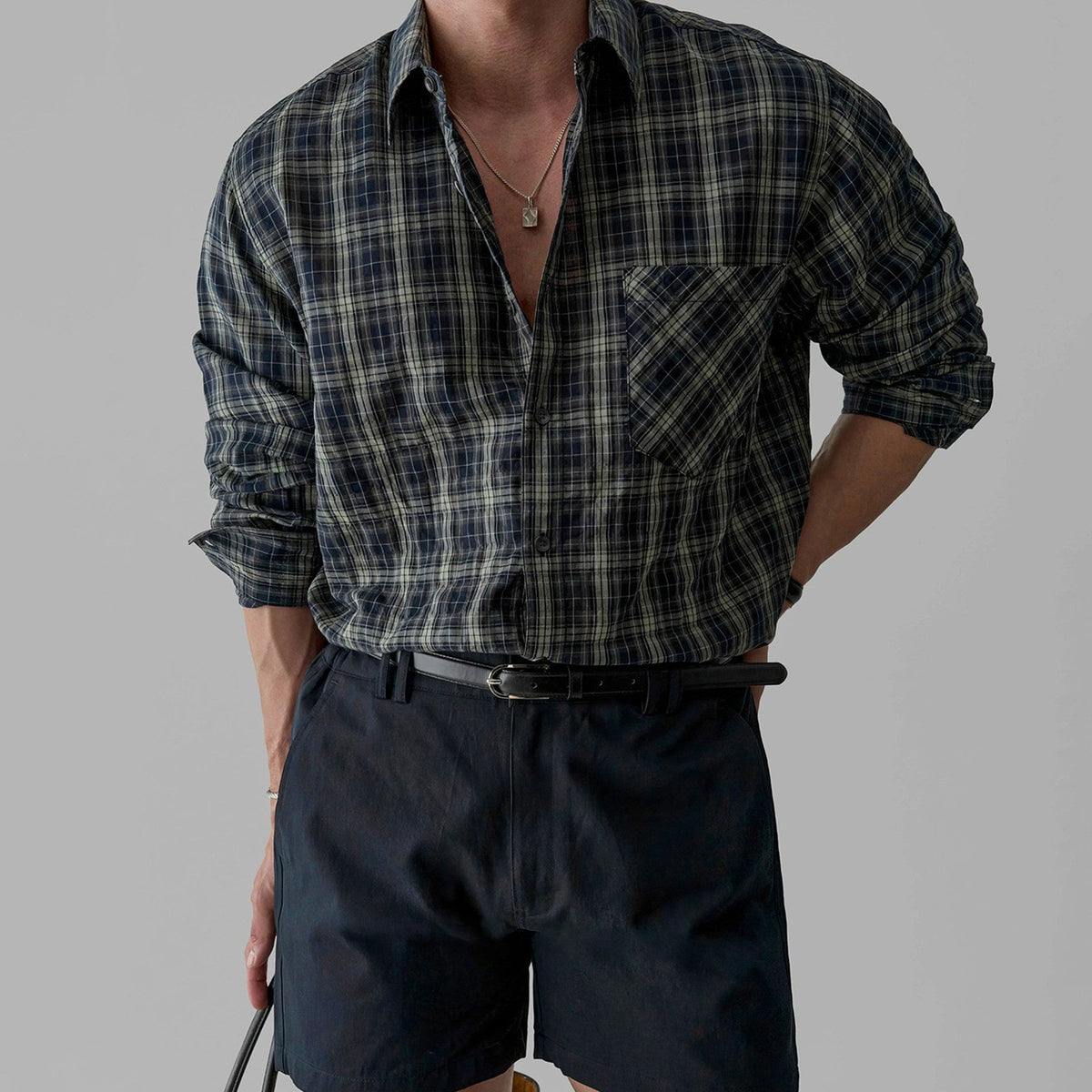 Retro Plaid Pleated Long-Sleeved Shirt Men's Jacket Top - RALO COLLECTION STUDIO