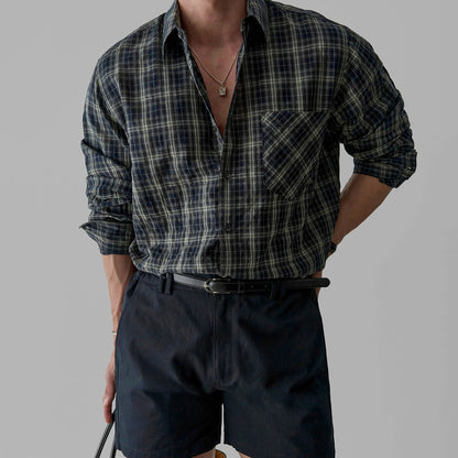 Retro Plaid Pleated Long-Sleeved Shirt Men's Jacket Top - RALO COLLECTION STUDIO