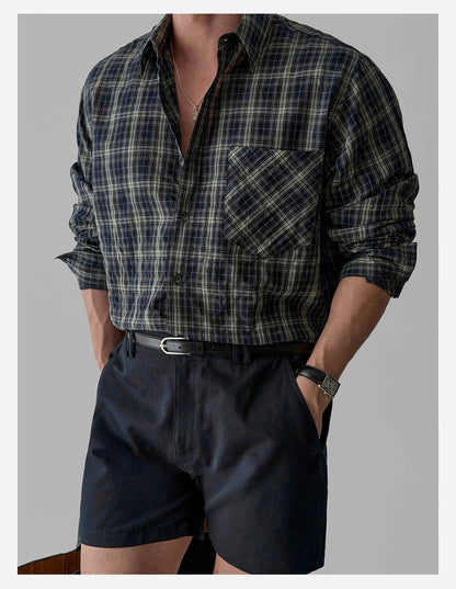 Retro Plaid Pleated Long-Sleeved Shirt Men's Jacket Top - RALO COLLECTION STUDIO