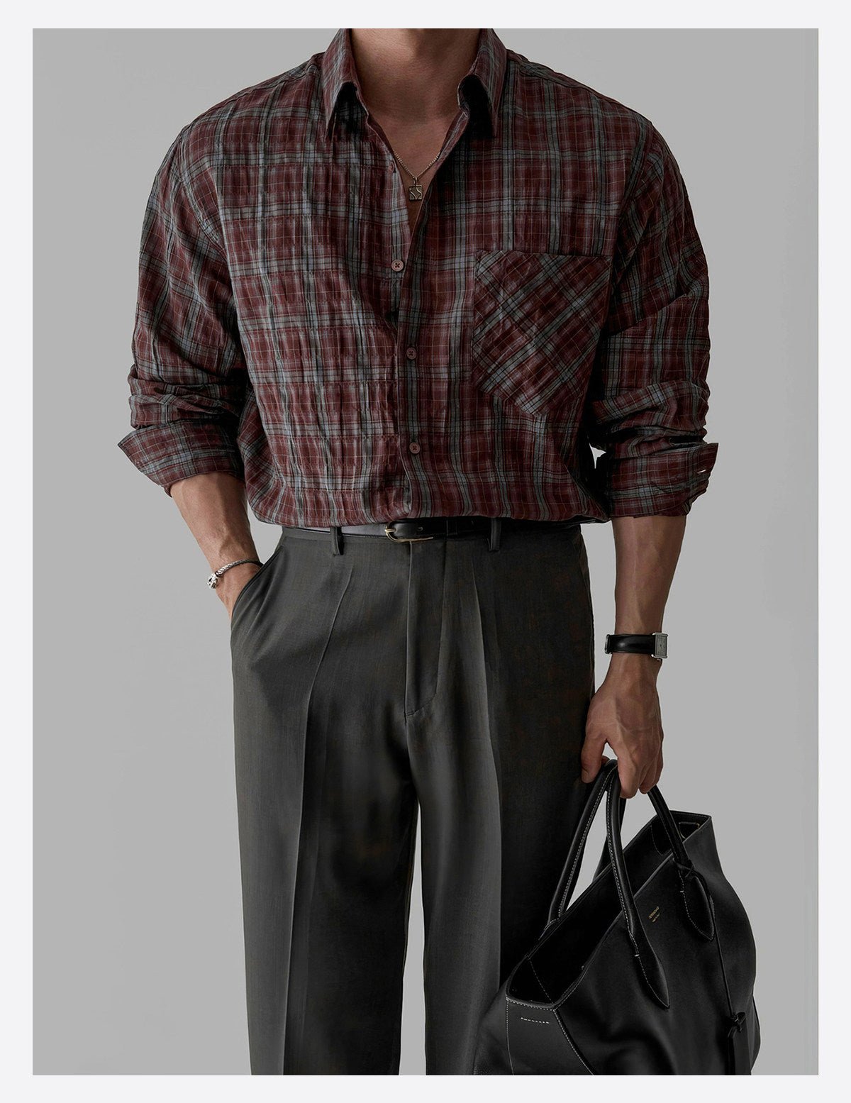 Retro Plaid Pleated Long-Sleeved Shirt Men's Jacket Top - RALO COLLECTION STUDIO