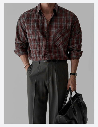 Retro Plaid Pleated Long-Sleeved Shirt Men's Jacket Top - RALO COLLECTION STUDIO