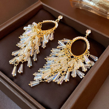 Retro Silver Needle Oval Rhinestone Tassel Earrings Light Luxury Premium Feel Minimalist Niche Versatile Women Ear Jewelry - RALO COLLECTION STUDIO