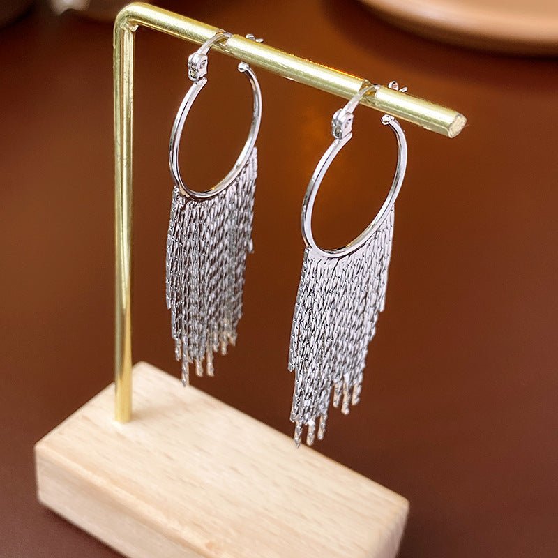 Retro Silver Needle Oval Rhinestone Tassel Earrings Light Luxury Premium Feel Minimalist Niche Versatile Women Ear Jewelry - RALO COLLECTION STUDIO