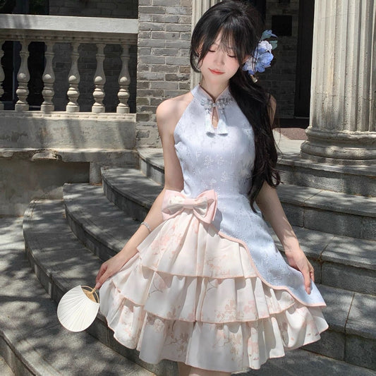 Retro Slim-fit Minimalist And Soft Cheongsam Short-sleeve Dress Set - RALO COLLECTION STUDIO