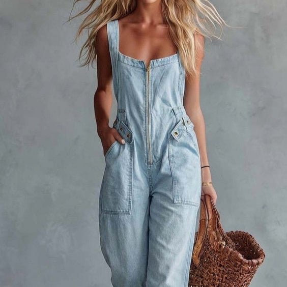 Retro Square Neck Denim Jumpsuit With A Front Zipper - RALO COLLECTION STUDIO
