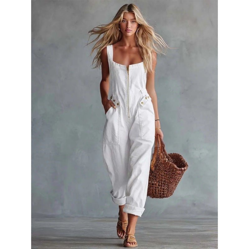 Retro Square Neck Denim Jumpsuit With A Front Zipper - RALO COLLECTION STUDIO