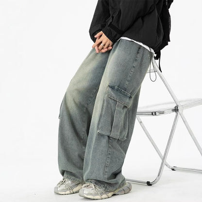 Retro Wide-Leg Washed Workwear Denim Jeans For Men - RALO COLLECTION STUDIO